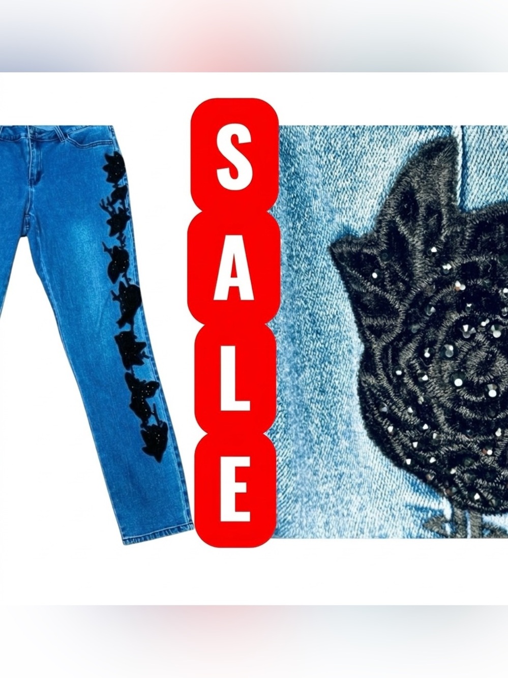 AZI Blue jeans with black floral lace and sparkle Appliqués Border on legs Sz 10